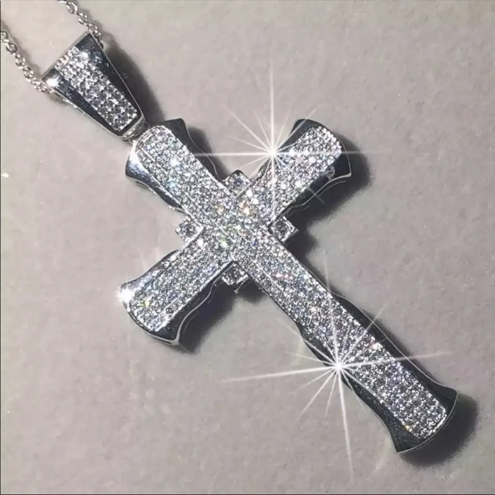 New Luxury 925 Silver Cross Men Women Diamond Necklace - Picture 11 of 16